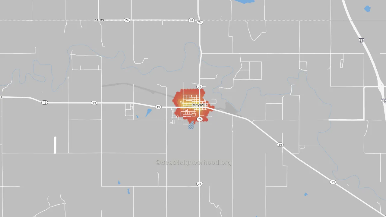 Walk Grade map of Maysville, OK, walkable areas in green and car-dependent areas in red