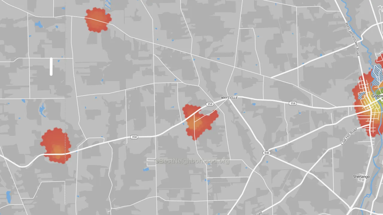 Walk Grade map of Maysville, PA, walkable areas in green and car-dependent areas in red