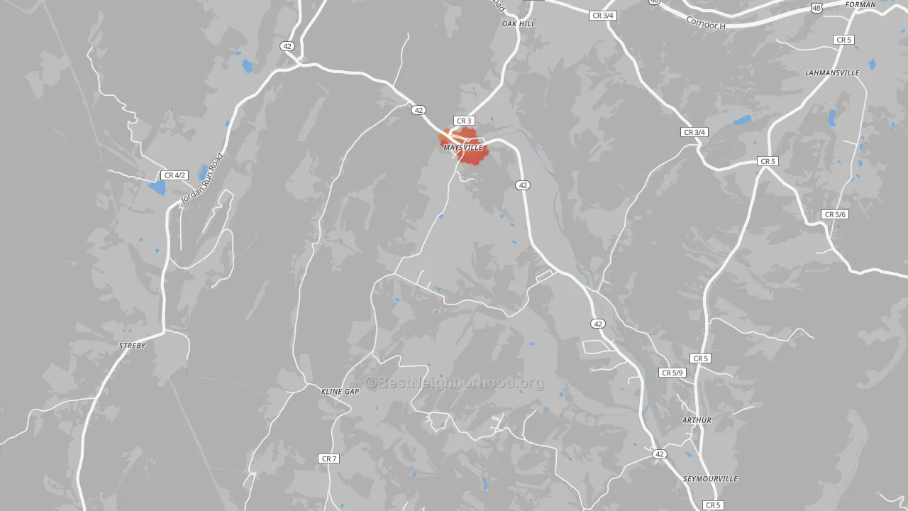 Walk Grade map of Maysville, WV, walkable areas in green and car-dependent areas in red