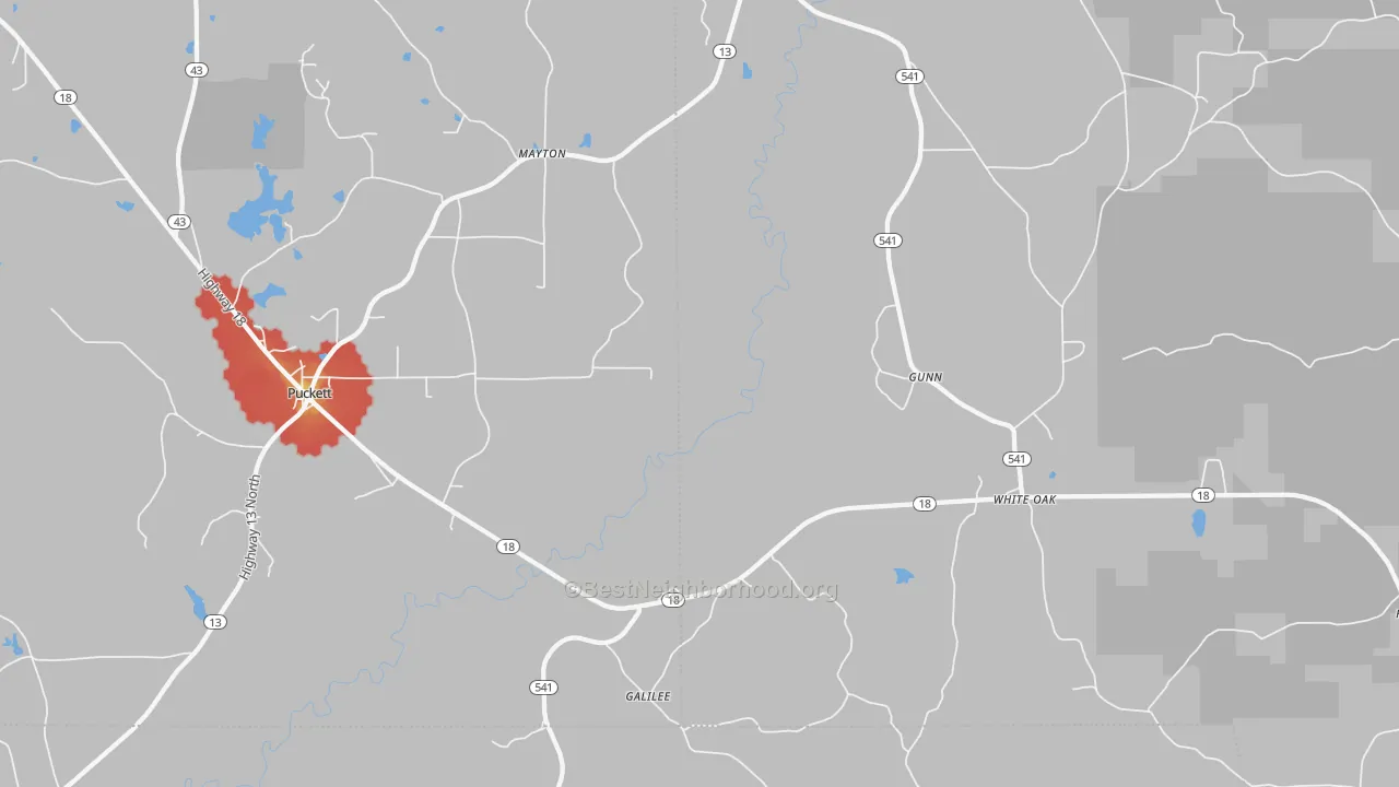 Walk Grade map of Mayton, MS, walkable areas in green and car-dependent areas in red