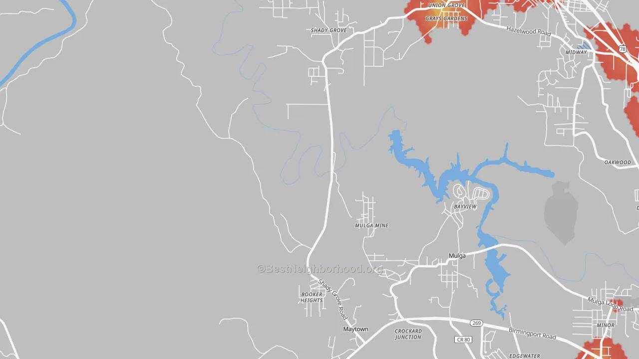 Walk Grade map of Maytown, AL, walkable areas in green and car-dependent areas in red