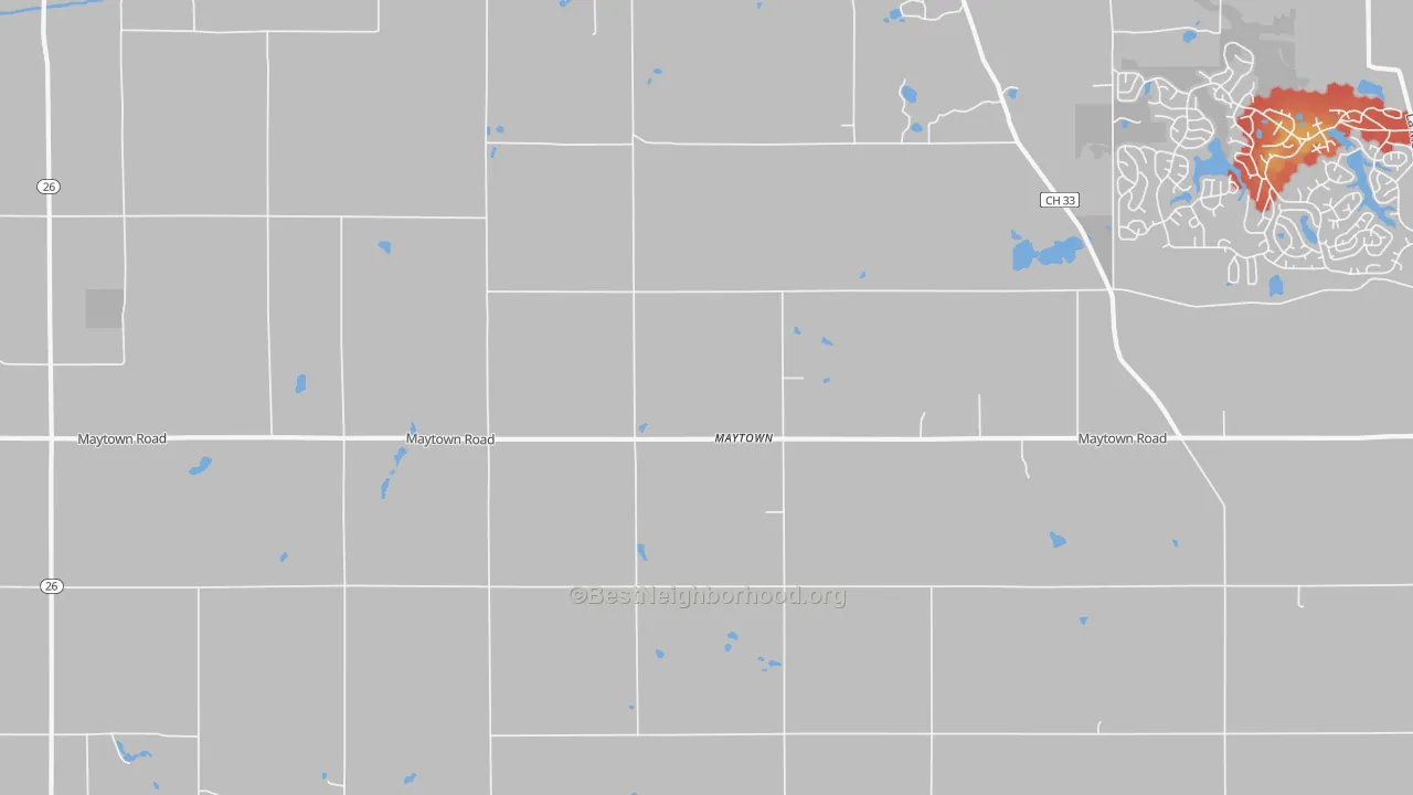 Walk Grade map of Maytown, IL, walkable areas in green and car-dependent areas in red