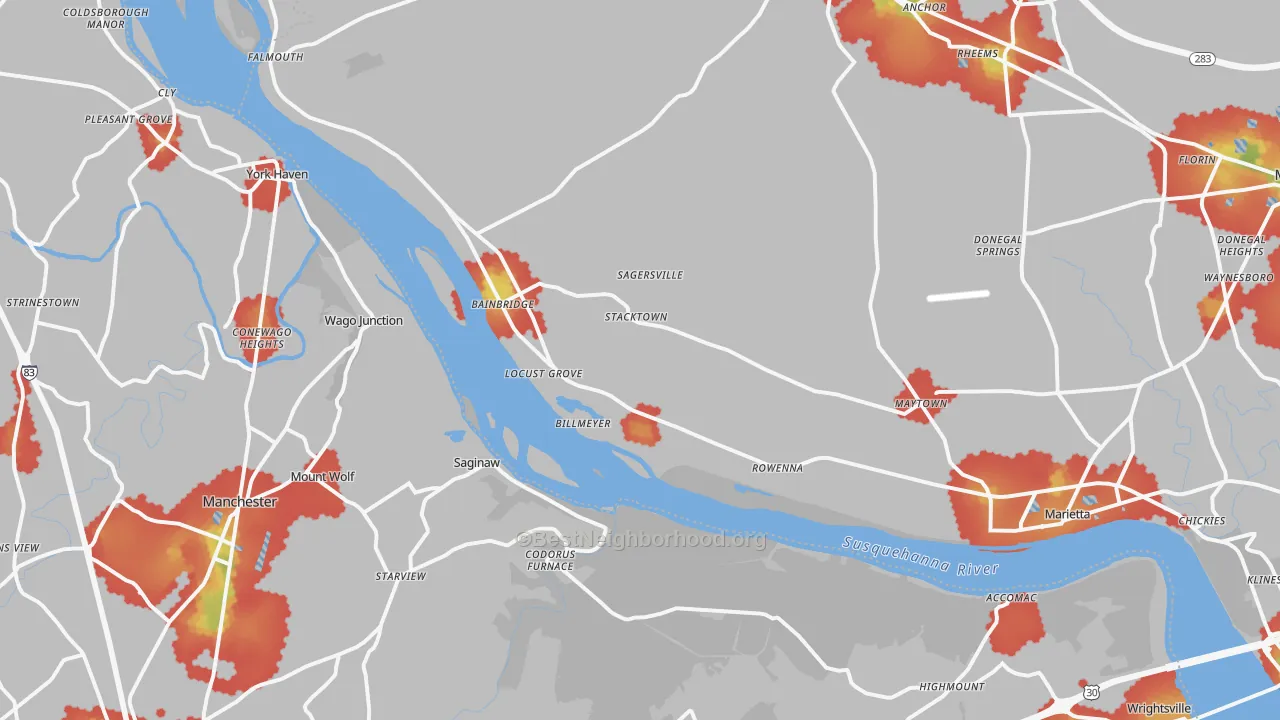 Walk Grade map of Maytown, PA, walkable areas in green and car-dependent areas in red