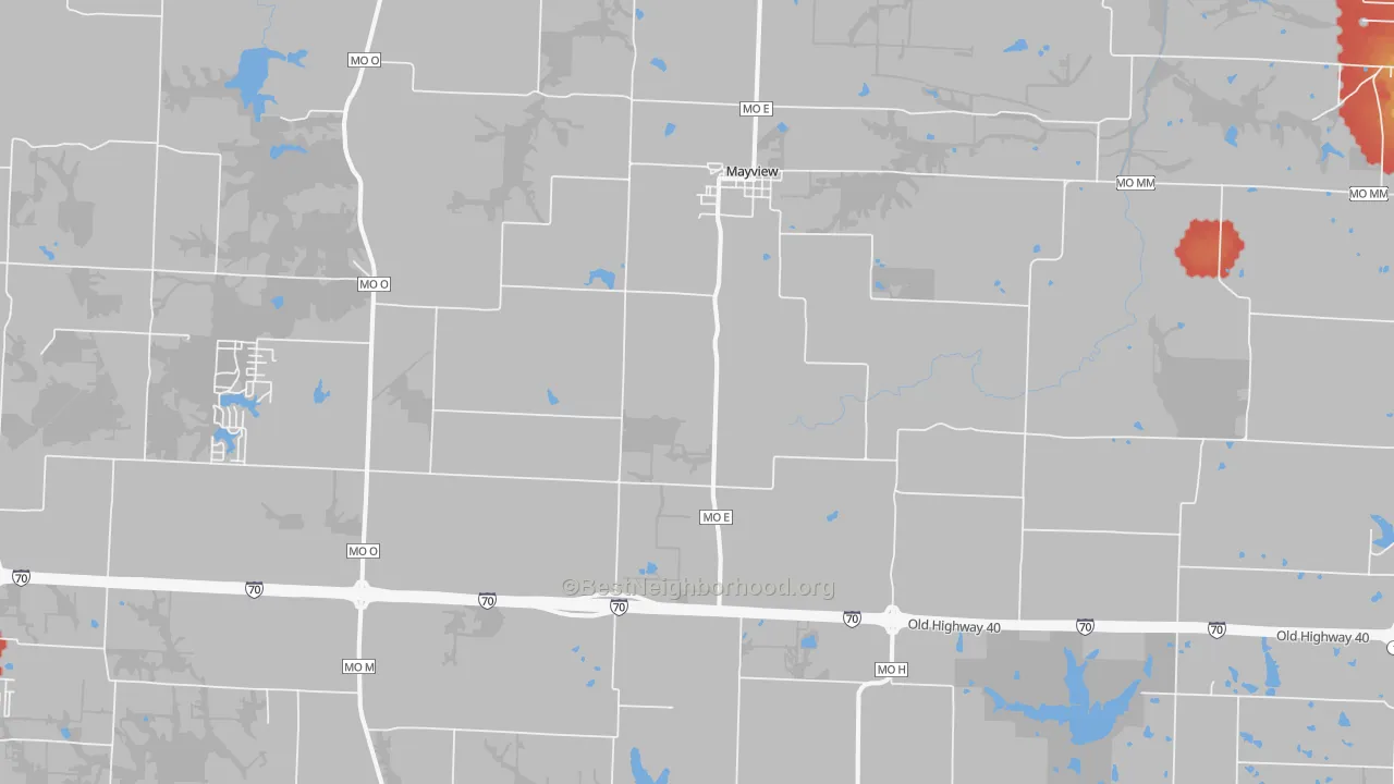 Walk Grade map of Mayview, MO, walkable areas in green and car-dependent areas in red