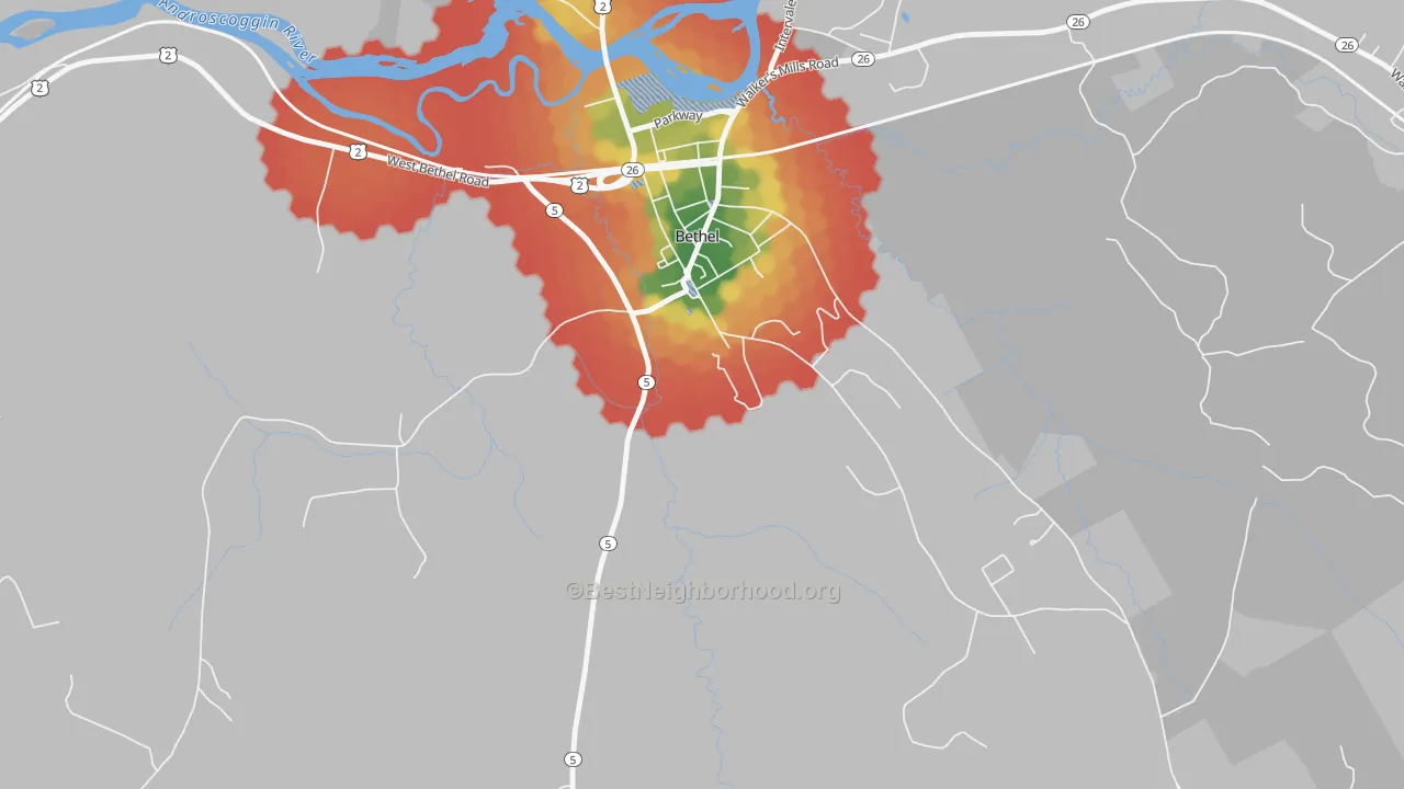 Walk Grade map of Mayville, ME, walkable areas in green and car-dependent areas in red