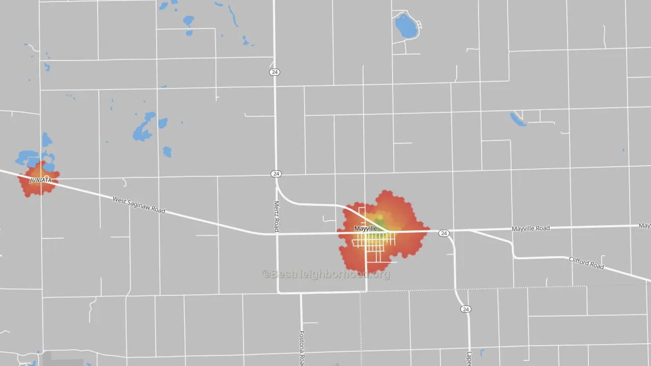 Walk Grade map of Mayville, MI, walkable areas in green and car-dependent areas in red