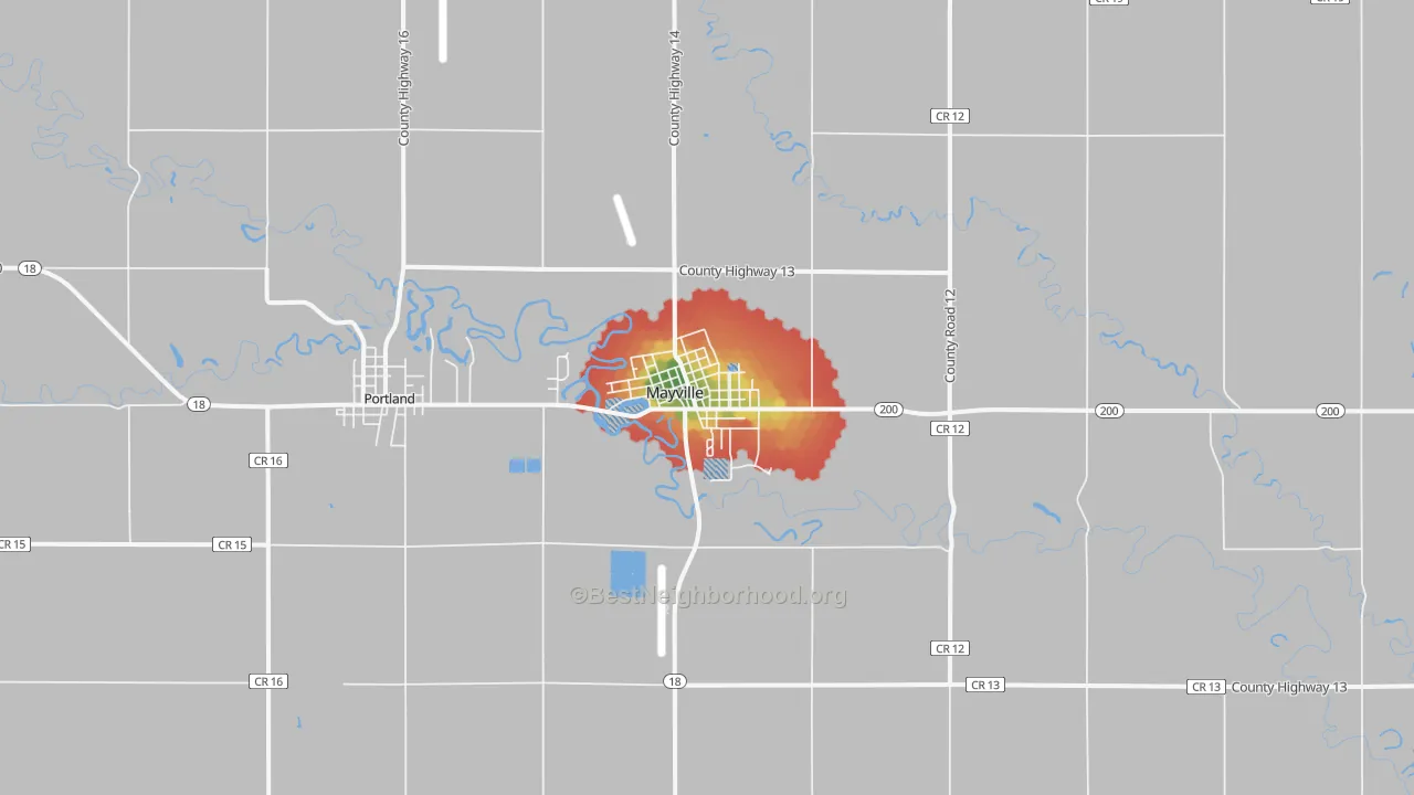 Walk Grade map of Mayville, ND, walkable areas in green and car-dependent areas in red