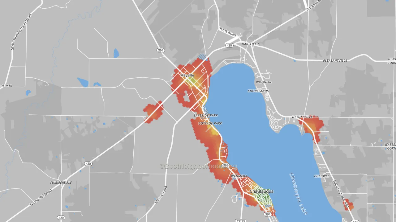 Walk Grade map of Mayville, NY, walkable areas in green and car-dependent areas in red