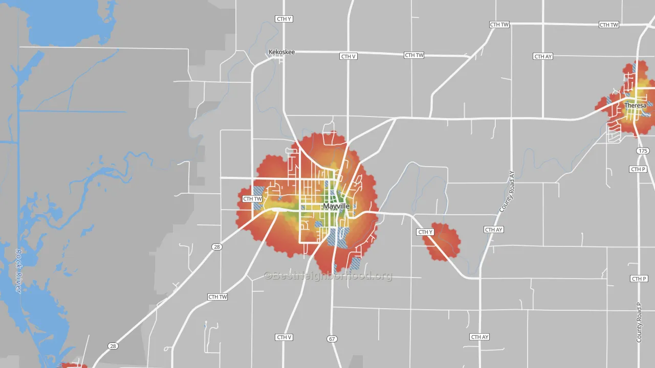 Walk Grade map of Mayville, WI, walkable areas in green and car-dependent areas in red