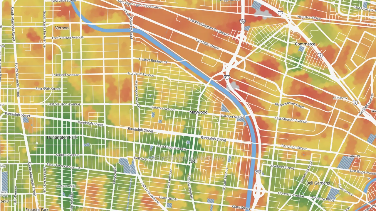 Walk Grade map of Maywood, CA, walkable areas in green and car-dependent areas in red