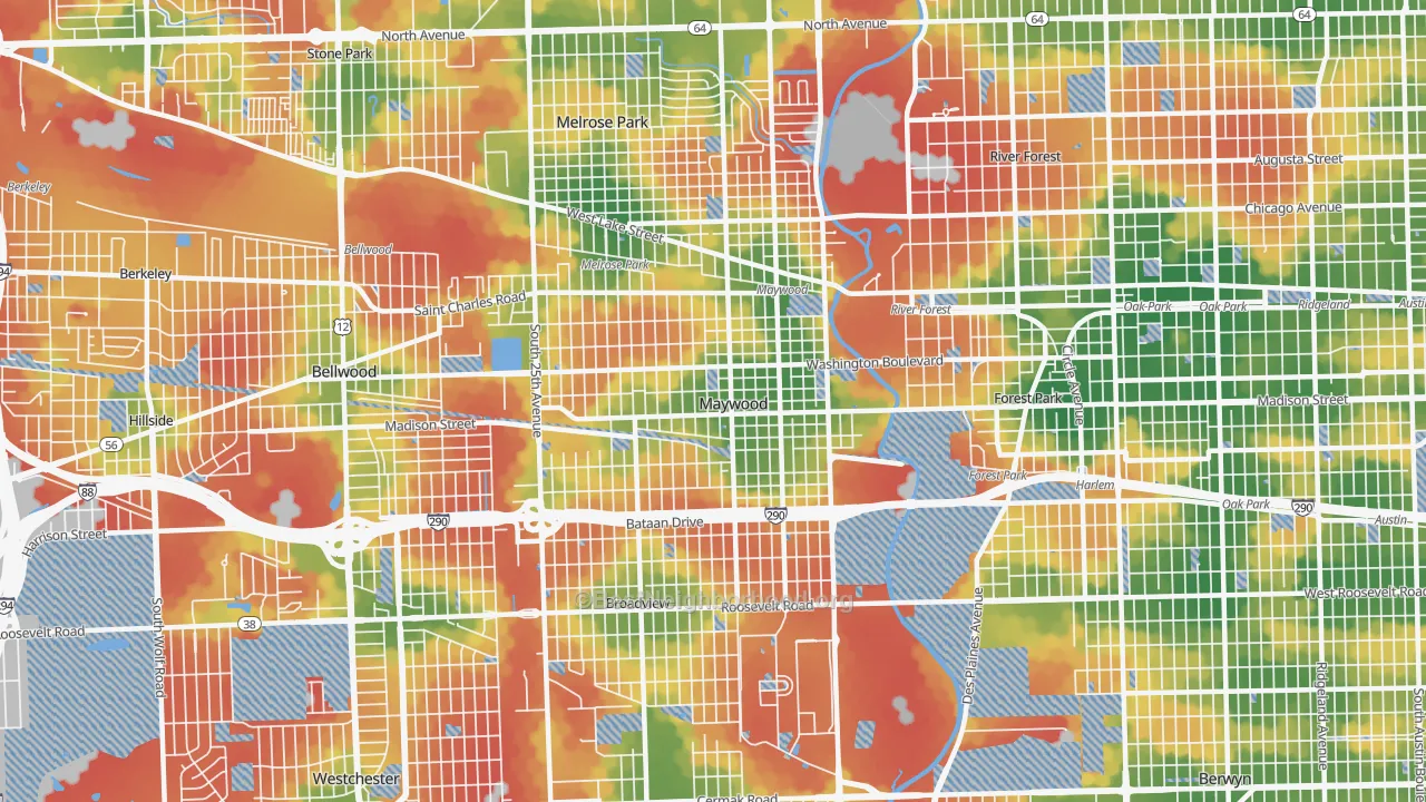 Walk Grade map of Maywood, IL, walkable areas in green and car-dependent areas in red