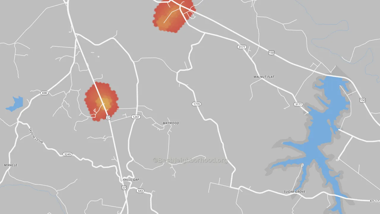 Walk Grade map of Maywood, KY, walkable areas in green and car-dependent areas in red