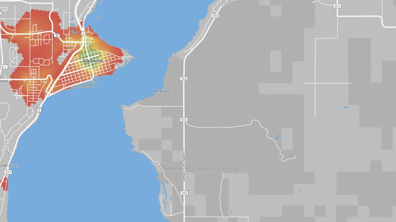 Walk Grade map of Maywood, MI, walkable areas in green and car-dependent areas in red