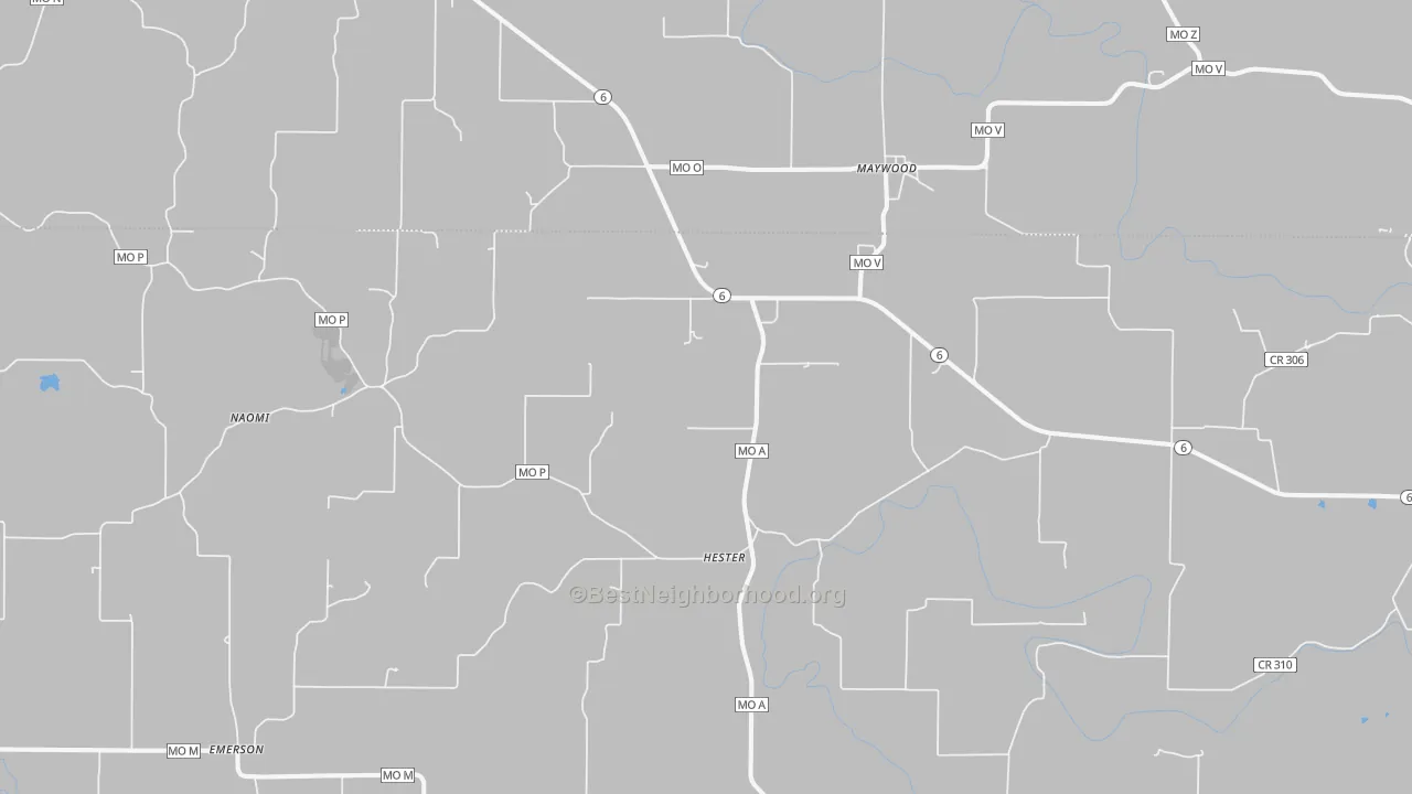 Walk Grade map of Maywood, MO, walkable areas in green and car-dependent areas in red