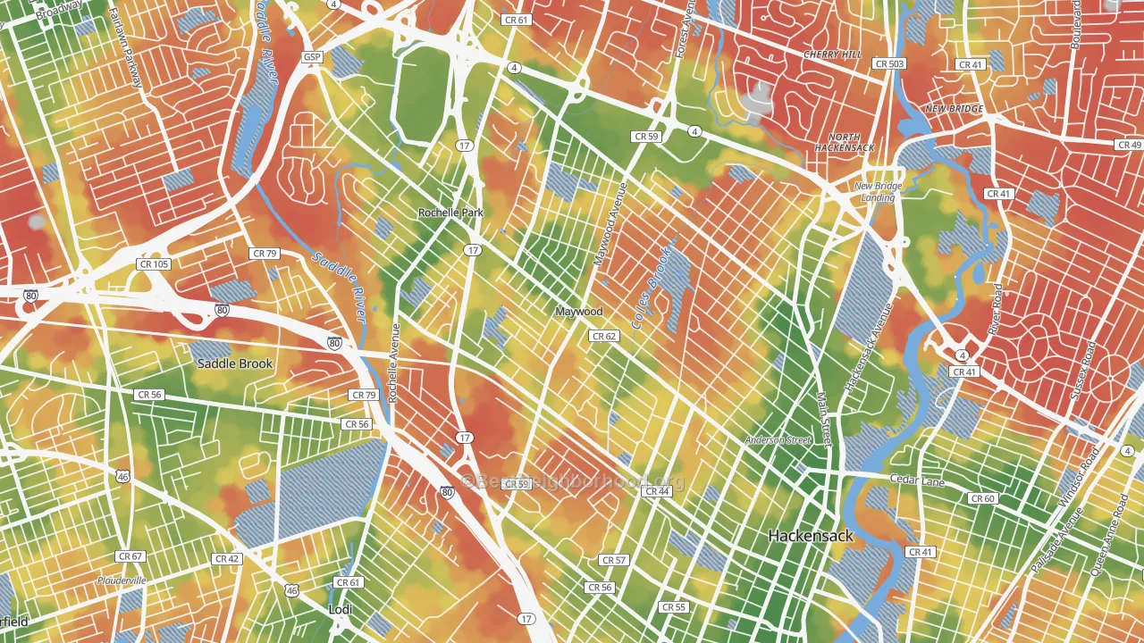 Walk Grade map of Maywood, NJ, walkable areas in green and car-dependent areas in red