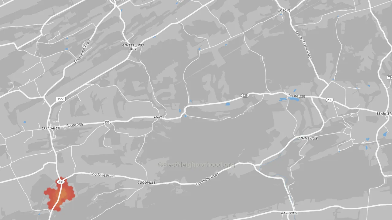 Walk Grade map of Maze, PA, walkable areas in green and car-dependent areas in red