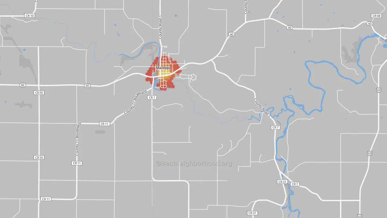 Walk Grade map of Mazeppa, MN, walkable areas in green and car-dependent areas in red