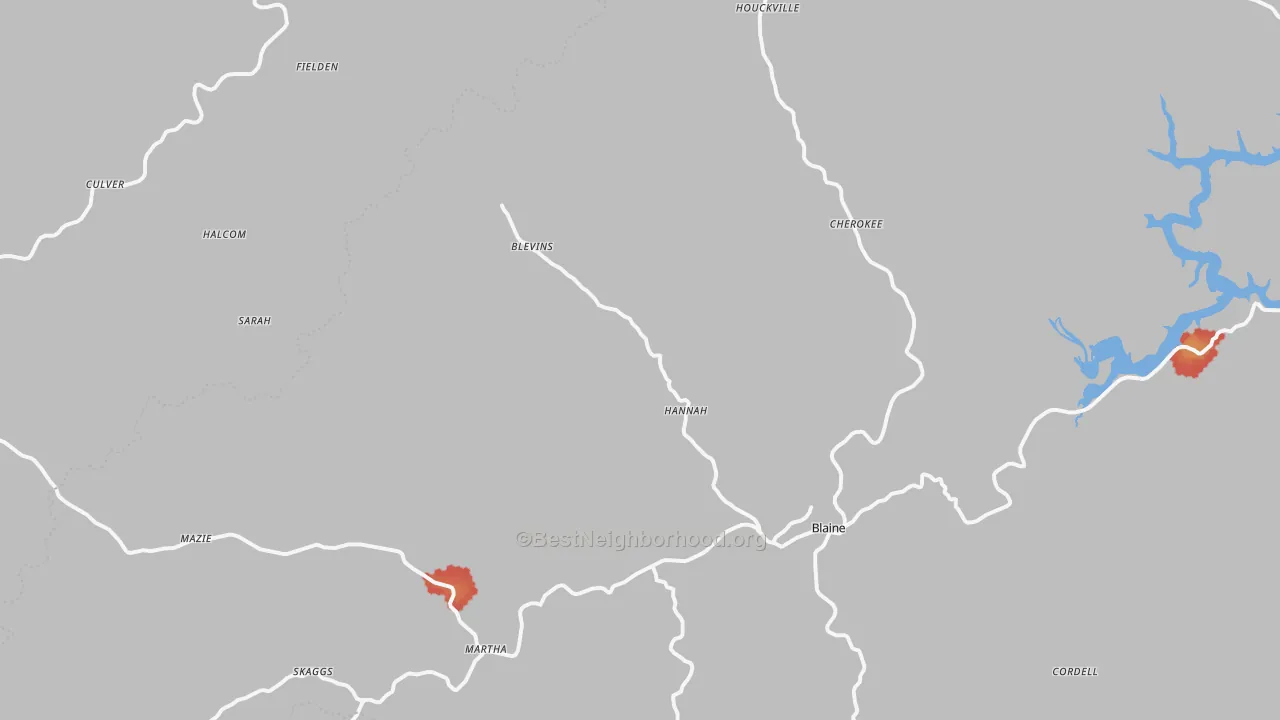 Walk Grade map of Mazie, KY, walkable areas in green and car-dependent areas in red
