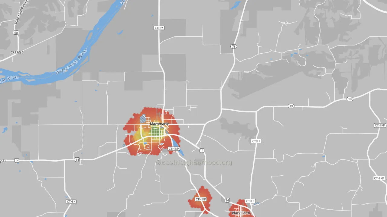 Walk Grade map of Mazomanie, WI, walkable areas in green and car-dependent areas in red