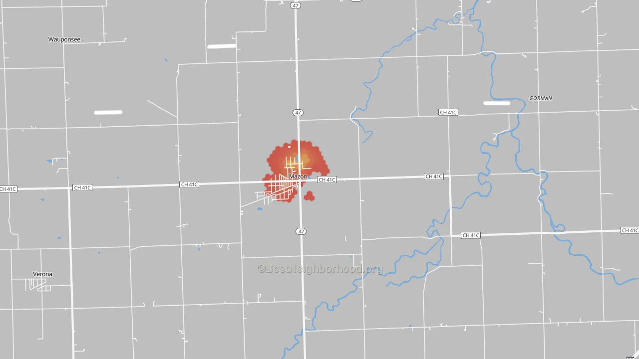 Walk Grade map of Mazon, IL, walkable areas in green and car-dependent areas in red