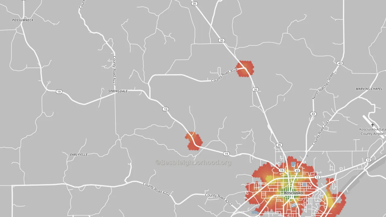 Walk Grade map of Mc Adams, MS, walkable areas in green and car-dependent areas in red