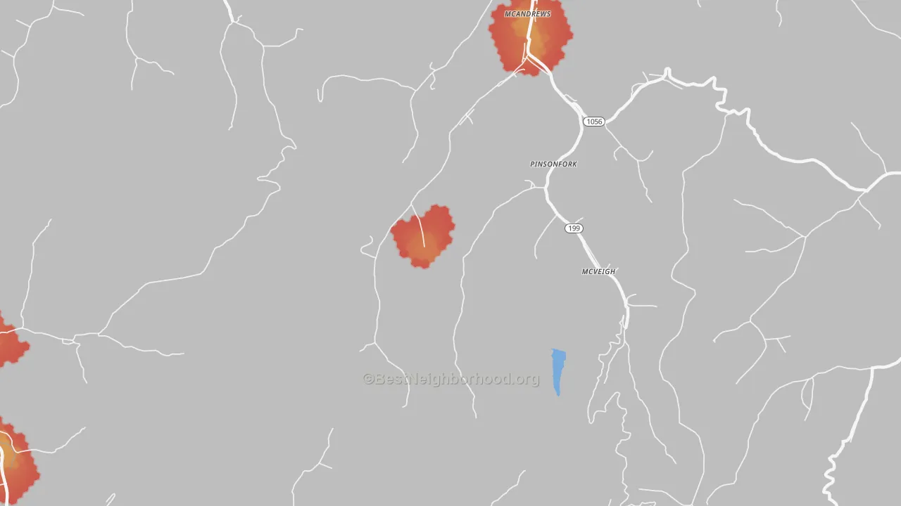 Walk Grade map of Mc Andrews, KY, walkable areas in green and car-dependent areas in red