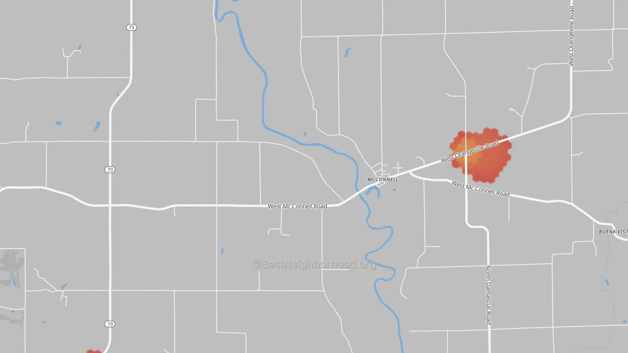Walk Grade map of Mc Connell, IL, walkable areas in green and car-dependent areas in red