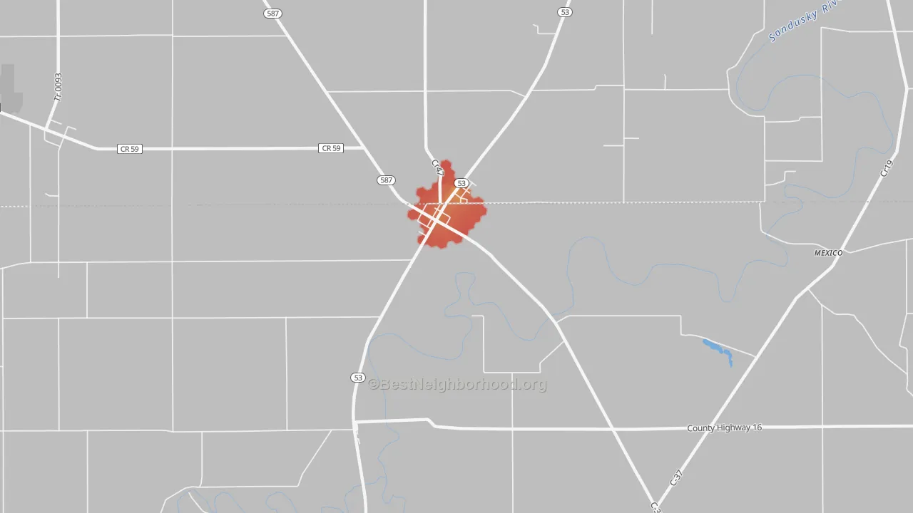 Walk Grade map of Mc Cutchenville, OH, walkable areas in green and car-dependent areas in red