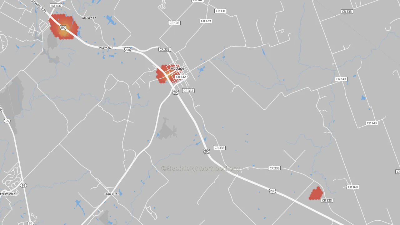 Walk Grade map of Mc Dade, TX, walkable areas in green and car-dependent areas in red