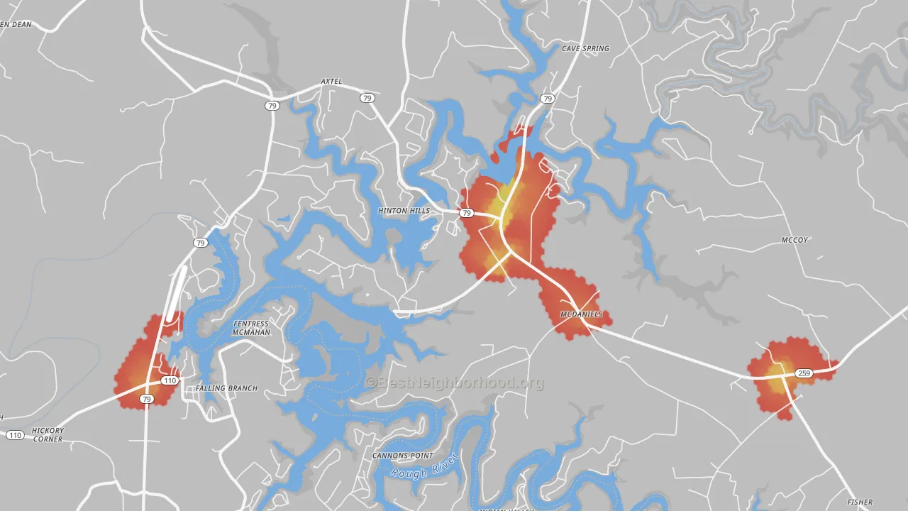 Walk Grade map of Mc Daniels, KY, walkable areas in green and car-dependent areas in red