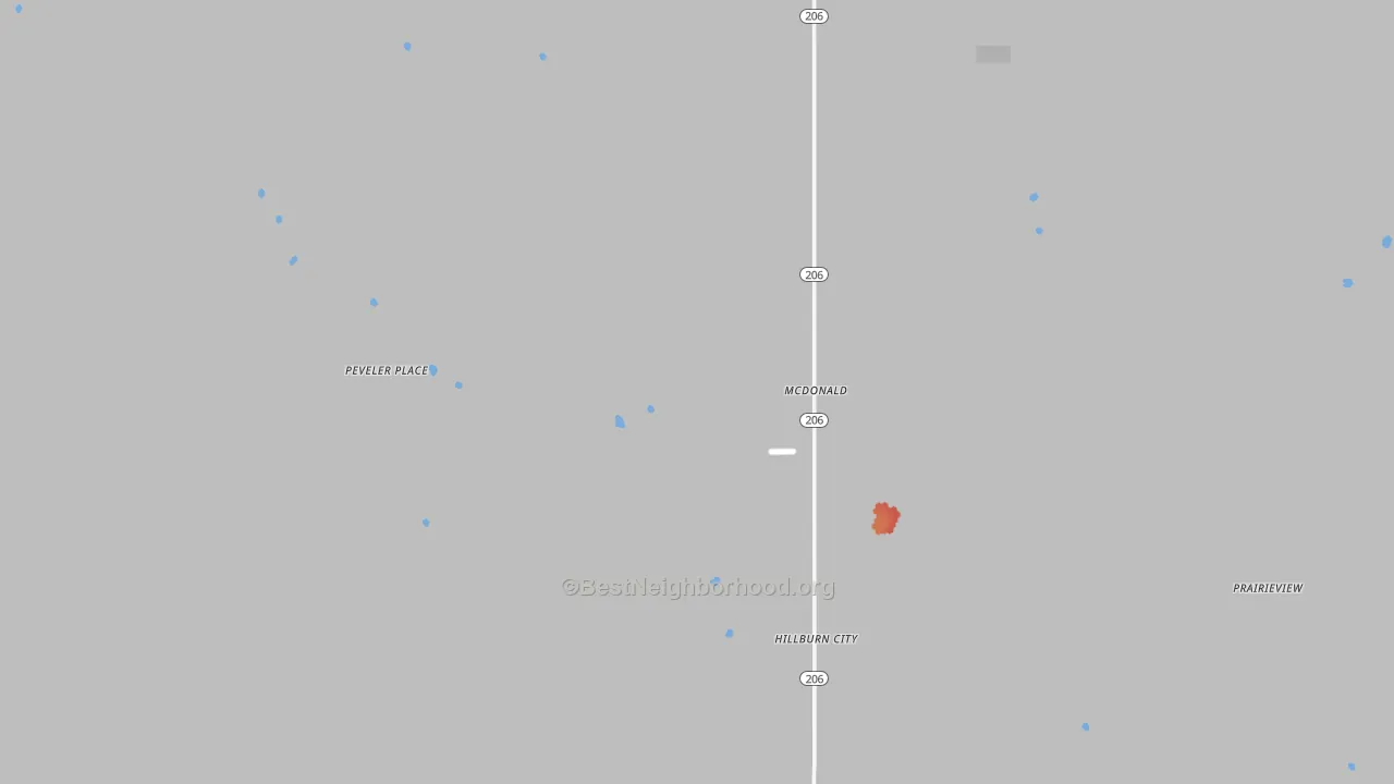 Walk Grade map of Mc Donald, NM, walkable areas in green and car-dependent areas in red