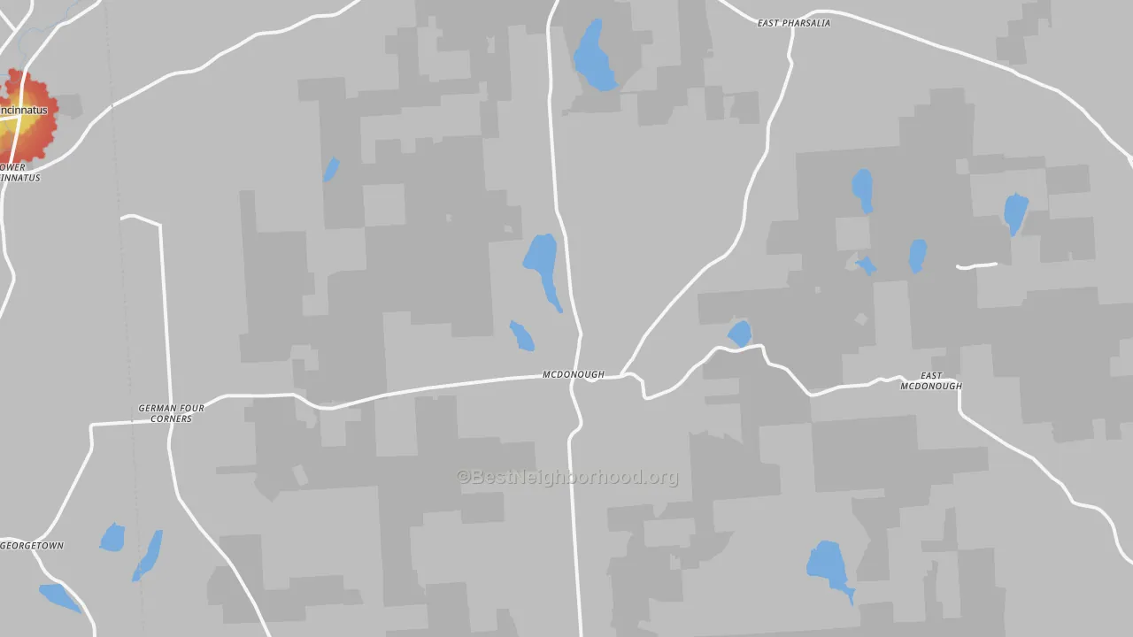 Walk Grade map of Mc Donough, NY, walkable areas in green and car-dependent areas in red