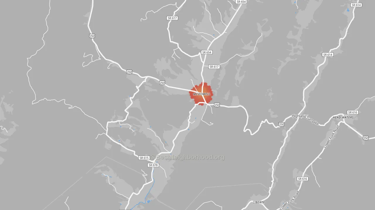 Walk Grade map of Mc Dowell, VA, walkable areas in green and car-dependent areas in red