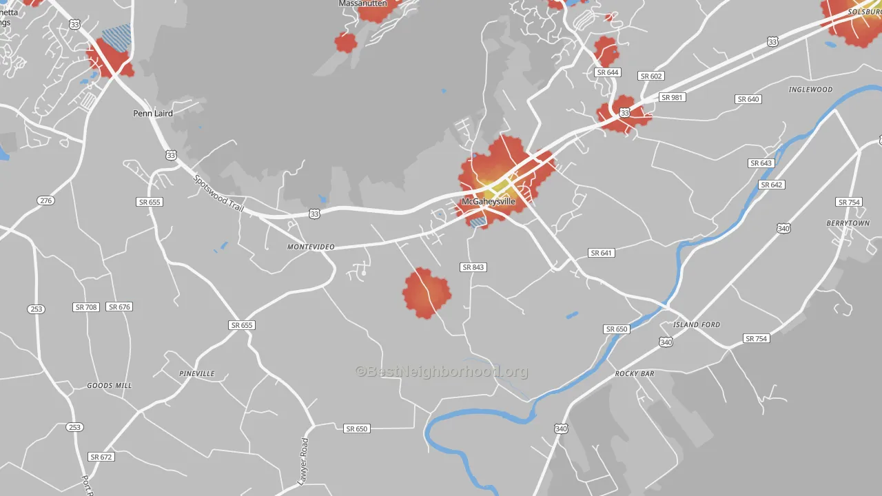 Walk Grade map of Mc Gaheysville, VA, walkable areas in green and car-dependent areas in red