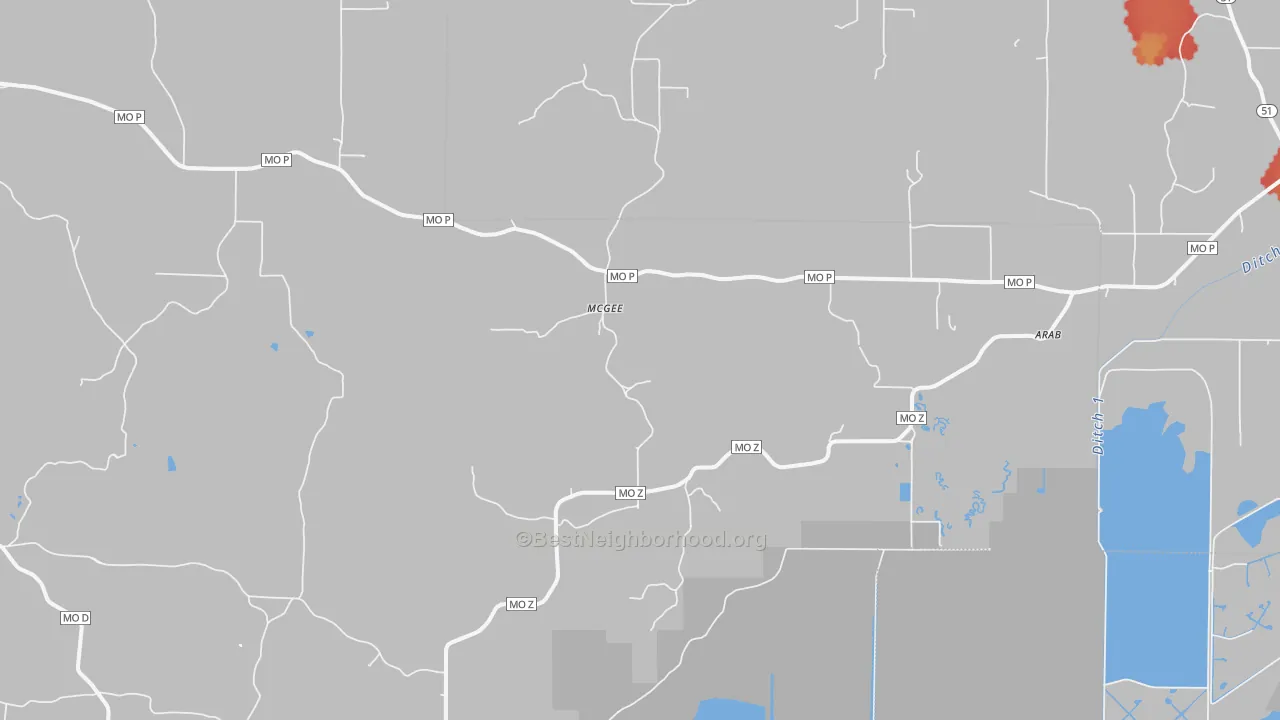 Walk Grade map of Mc Gee, MO, walkable areas in green and car-dependent areas in red