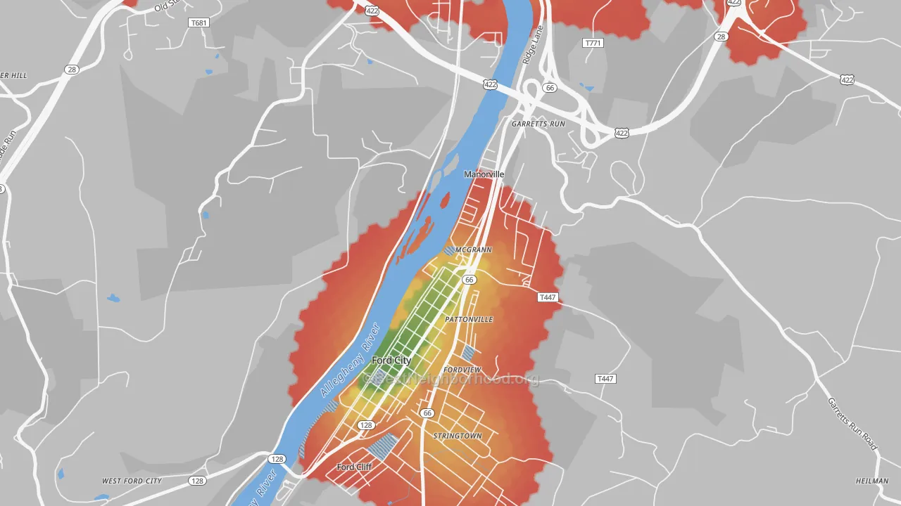 Walk Grade map of Mc Grann, PA, walkable areas in green and car-dependent areas in red