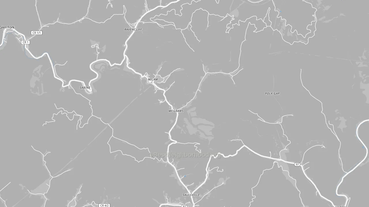 Walk Grade map of Mc Graws, WV, walkable areas in green and car-dependent areas in red