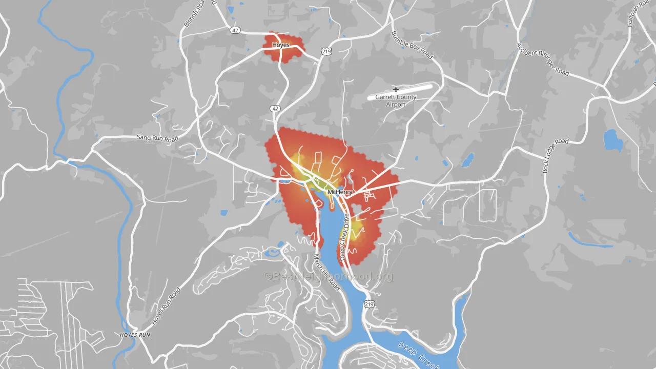 Walk Grade map of Mc Henry, MD, walkable areas in green and car-dependent areas in red