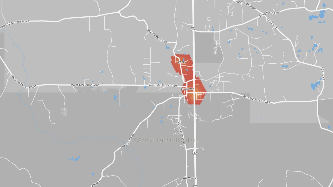 Walk Grade map of Mc Henry, MS, walkable areas in green and car-dependent areas in red