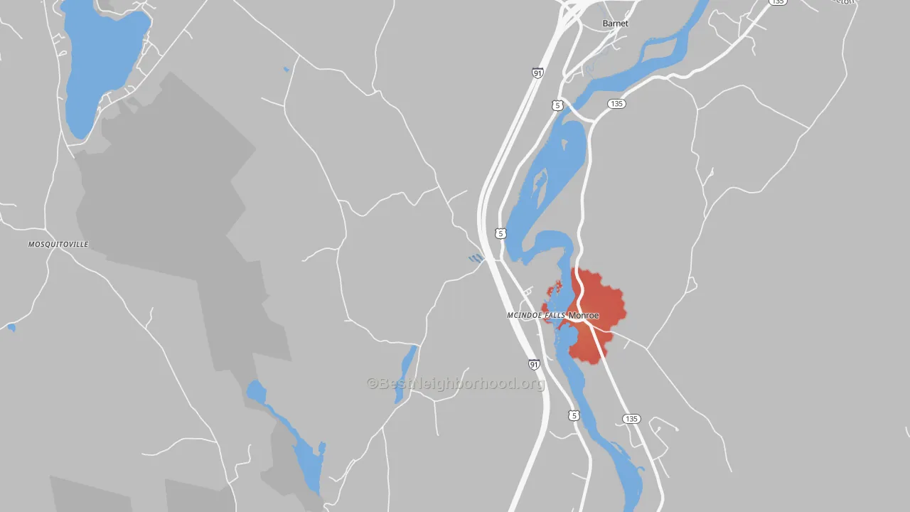 Walk Grade map of Mc Indoe Falls, VT, walkable areas in green and car-dependent areas in red