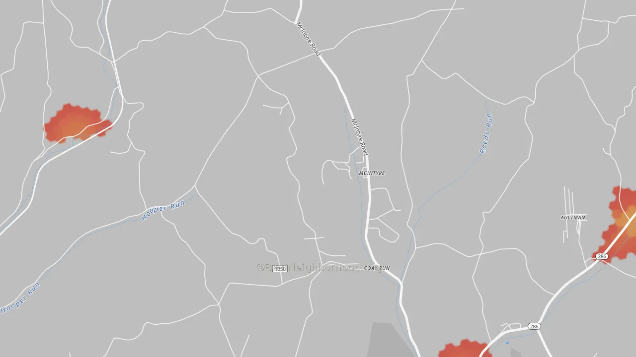 Walk Grade map of Mc Intyre, PA, walkable areas in green and car-dependent areas in red