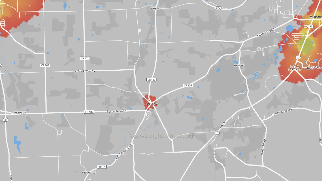 Walk Grade map of Mc Lean, NY, walkable areas in green and car-dependent areas in red