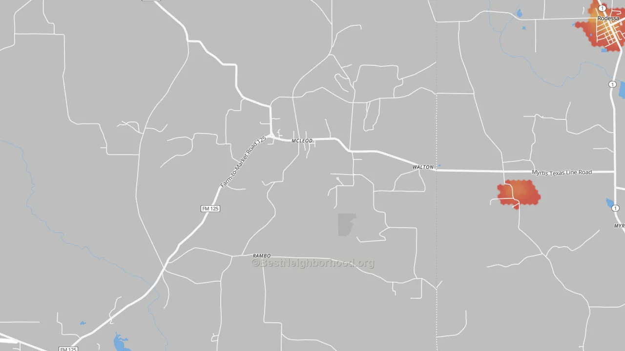 Walk Grade map of Mc Leod, TX, walkable areas in green and car-dependent areas in red