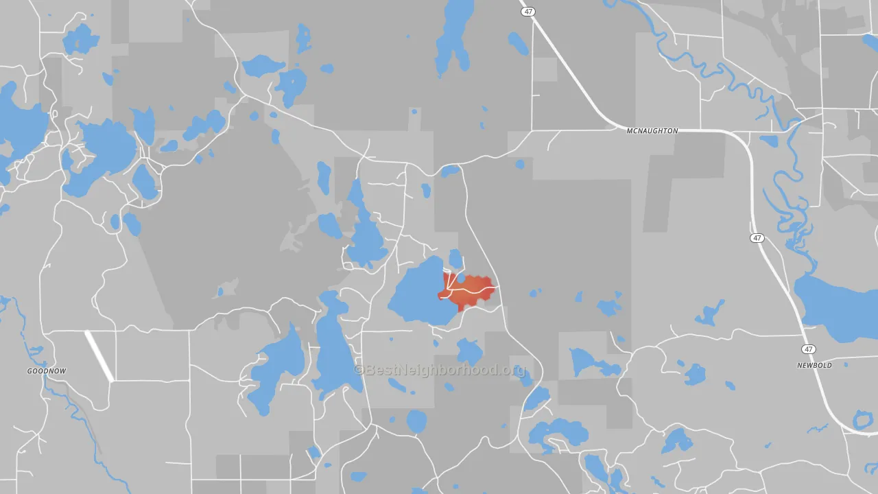 Walk Grade map of Mc Naughton, WI, walkable areas in green and car-dependent areas in red
