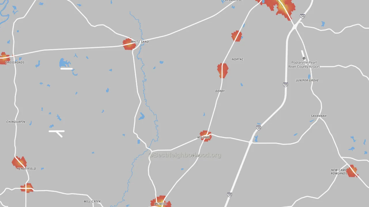 Walk Grade map of Mc Neill, MS, walkable areas in green and car-dependent areas in red