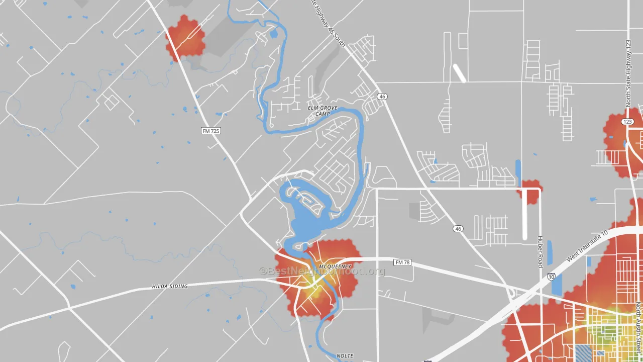 Walk Grade map of Mc Queeney, TX, walkable areas in green and car-dependent areas in red