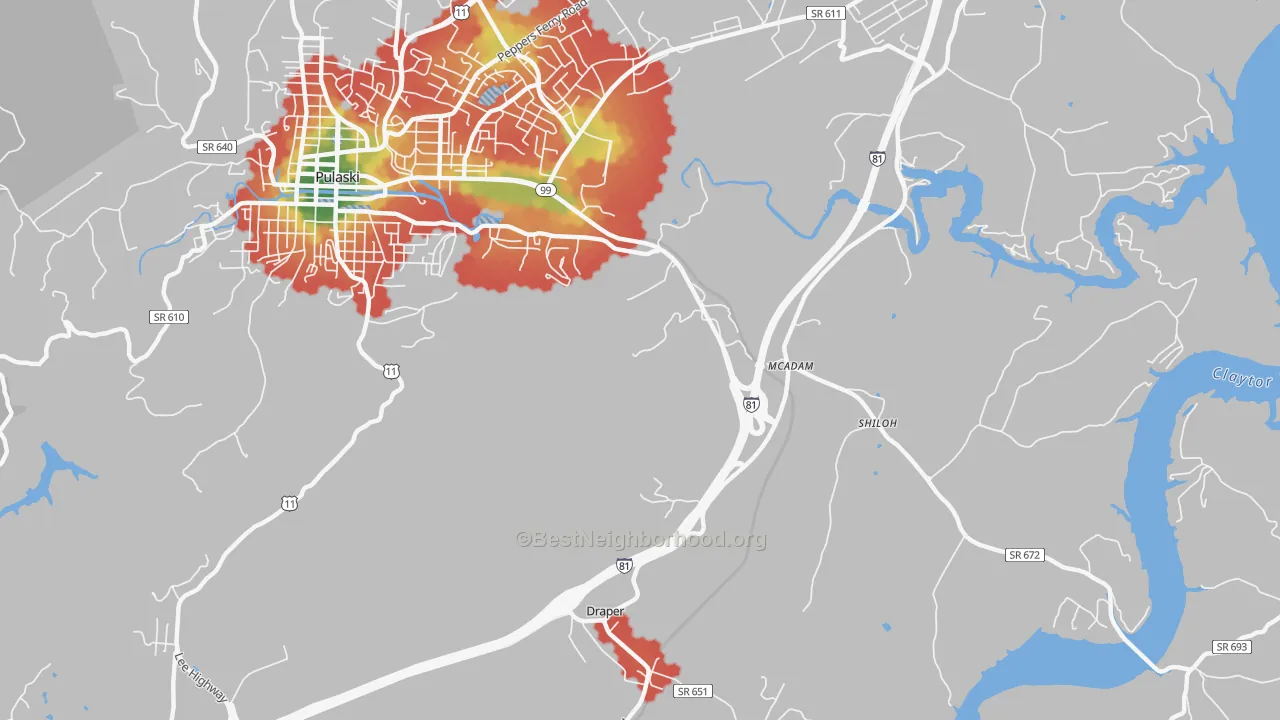 Walk Grade map of McAdam, VA, walkable areas in green and car-dependent areas in red
