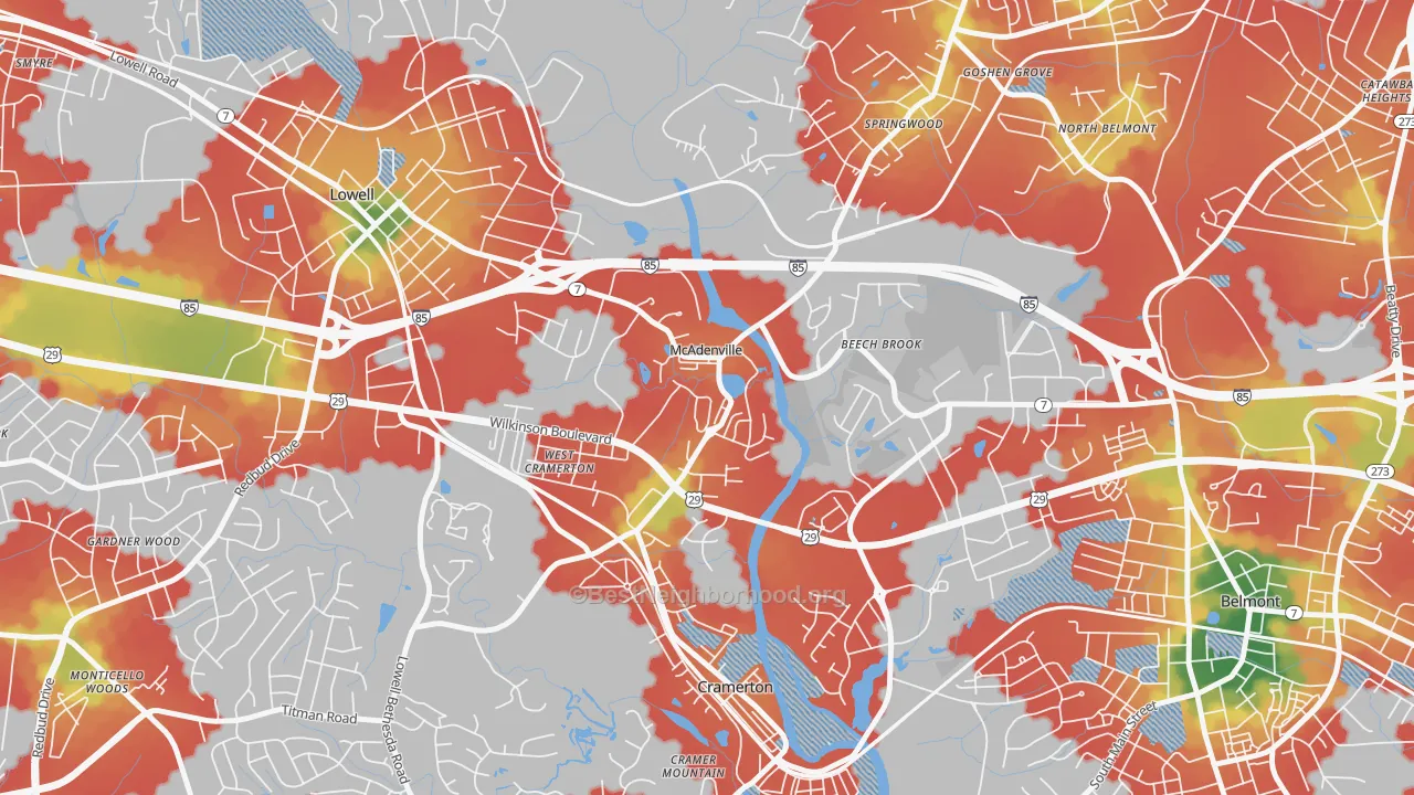Walk Grade map of McAdenville, NC, walkable areas in green and car-dependent areas in red