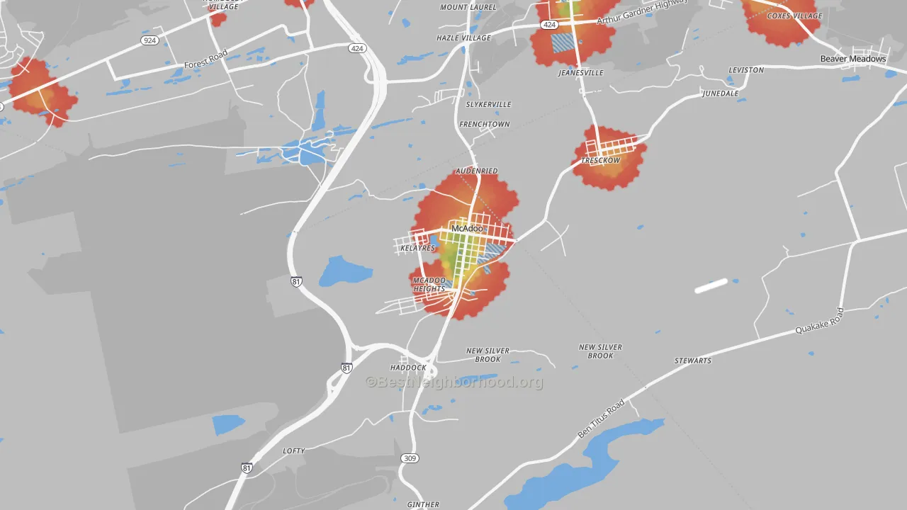 Walk Grade map of Mcadoo, PA, walkable areas in green and car-dependent areas in red