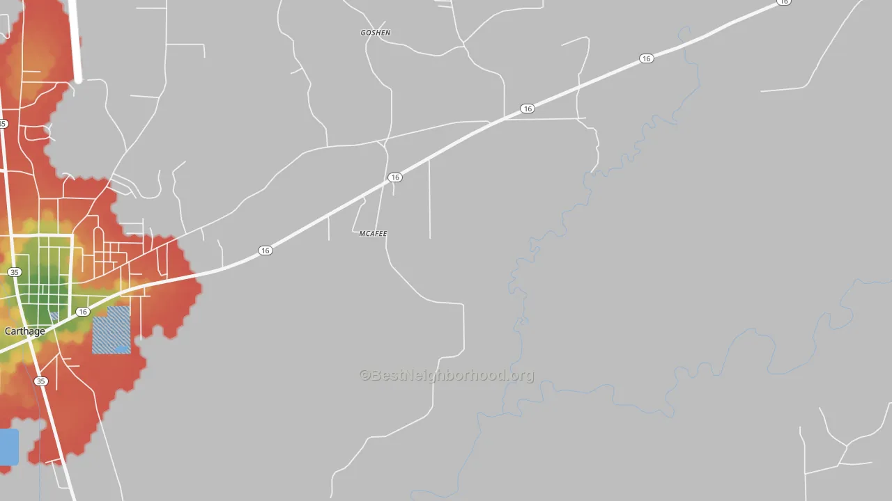 Walk Grade map of McAfee, MS, walkable areas in green and car-dependent areas in red